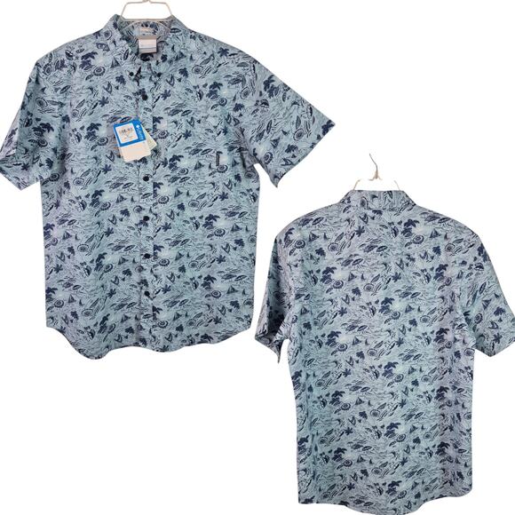 Columbia Blue White Tropical Beach Print Short Sleeve Shirt NEW M - Picture 2 of 3